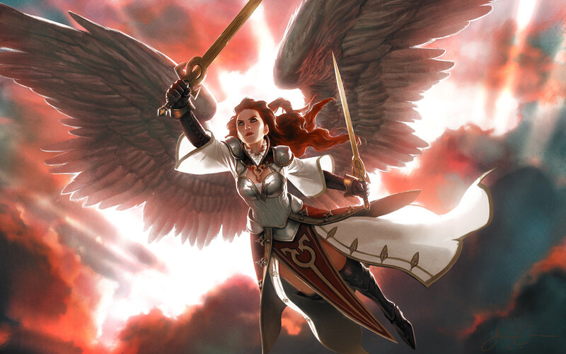 Angelic Warrior with Wings — Red, Dramatic, Digital Art, Swords