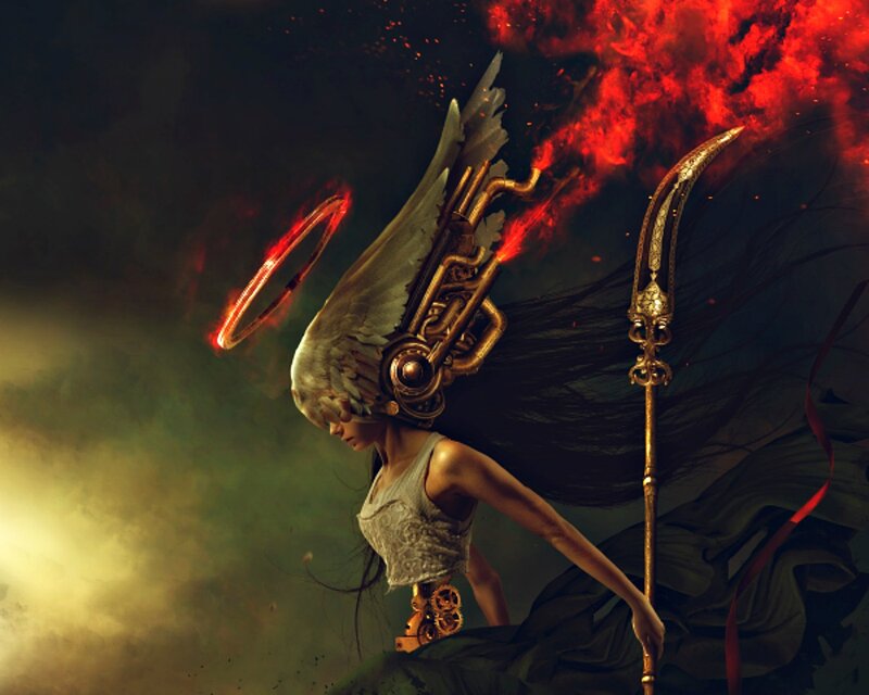 Angelic Warrior with Wings — Red, Dramatic, Night, Digital Art