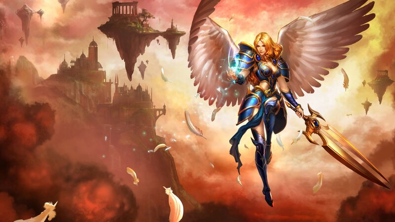 Angelic Warrior with Wings — Red, Dramatic, Sunset, Digital Art, Floating Islands