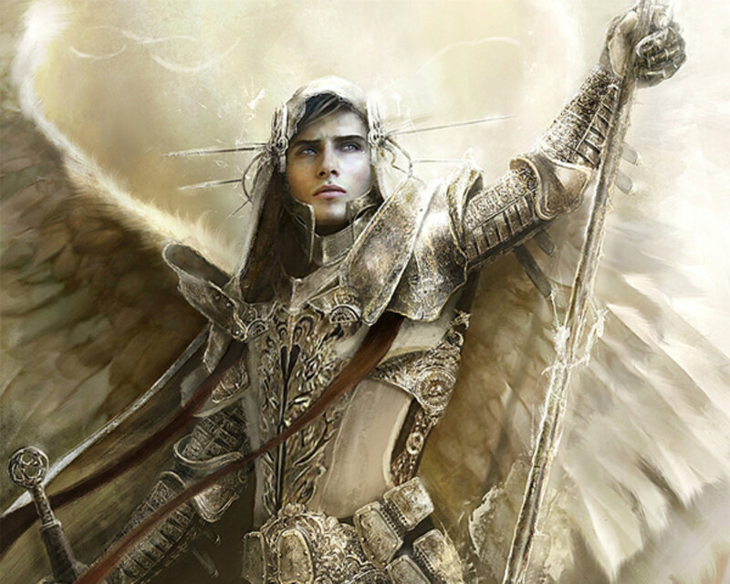 Angelic Warrior with Wings — White, Dramatic, Digital Art, Armor, Spear