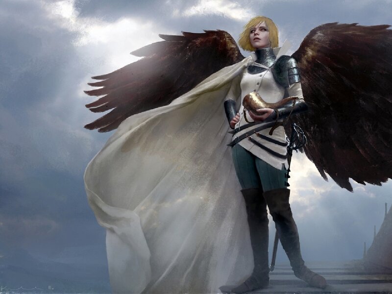 Angelic Warrior with Wings — White, Dramatic, Digital Art, Armor, Sword