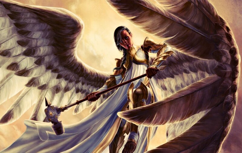 Angelic Warrior with Wings — White, Dramatic, Digital Art, Mace