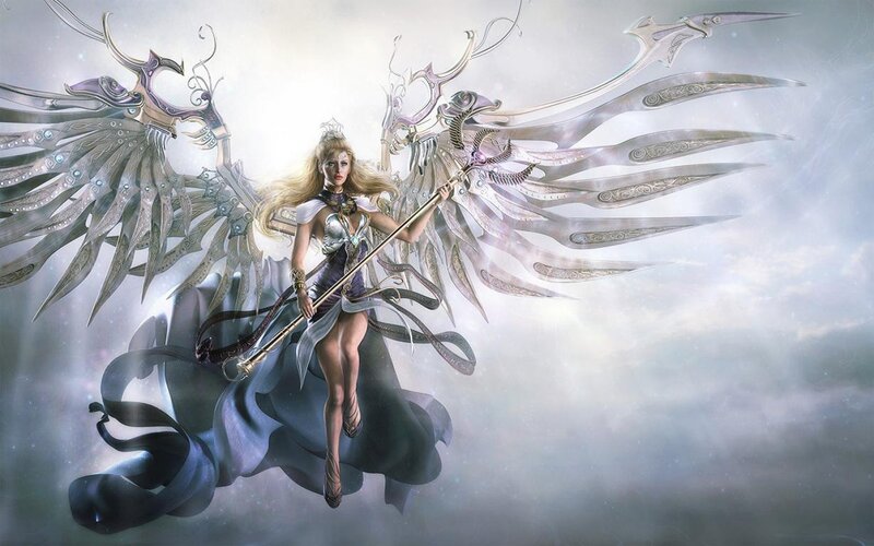 Angelic Warrior with Wings — White, Dramatic, Digital Art, Scepter