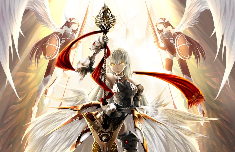 Angelic Warrior with Wings — White, Dramatic, Digital Art, Spear, Armor, Gold, Red