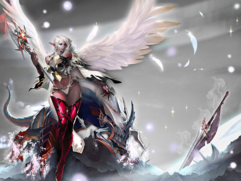 Angelic Warrior with Wings — White, Dramatic, Digital Art, Spear, Dragon