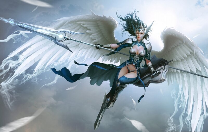 Angelic Warrior with Wings — White, Dramatic, Digital Art, Spear, Shield