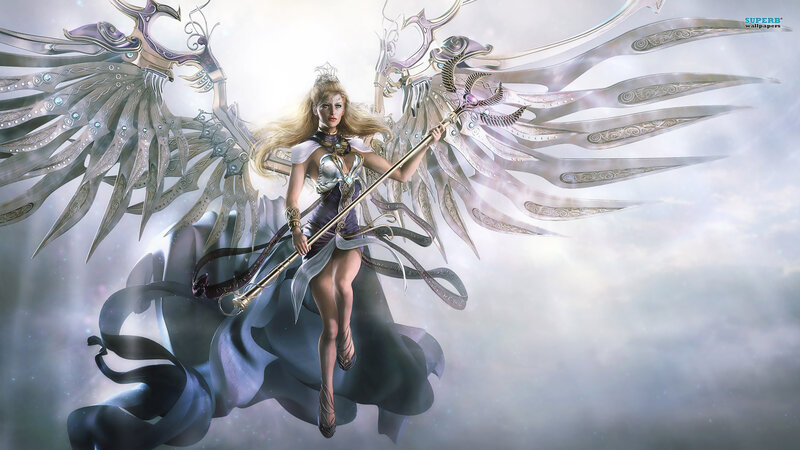 Angelic Warrior with Wings — White, Dramatic, Digital Art, Spear, Skirt