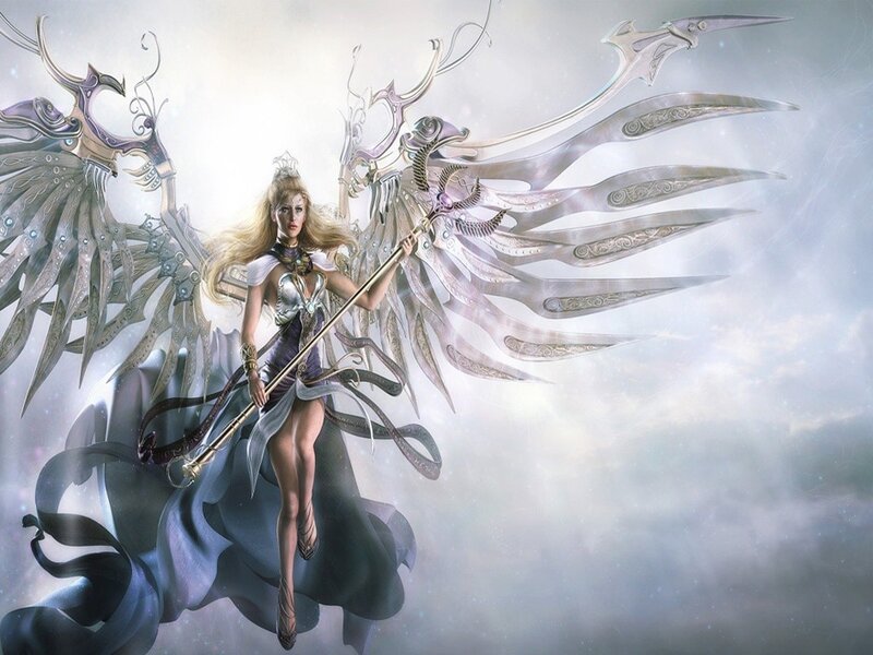 Angelic Warrior with Wings — White, Dramatic, Digital Art, Spear
