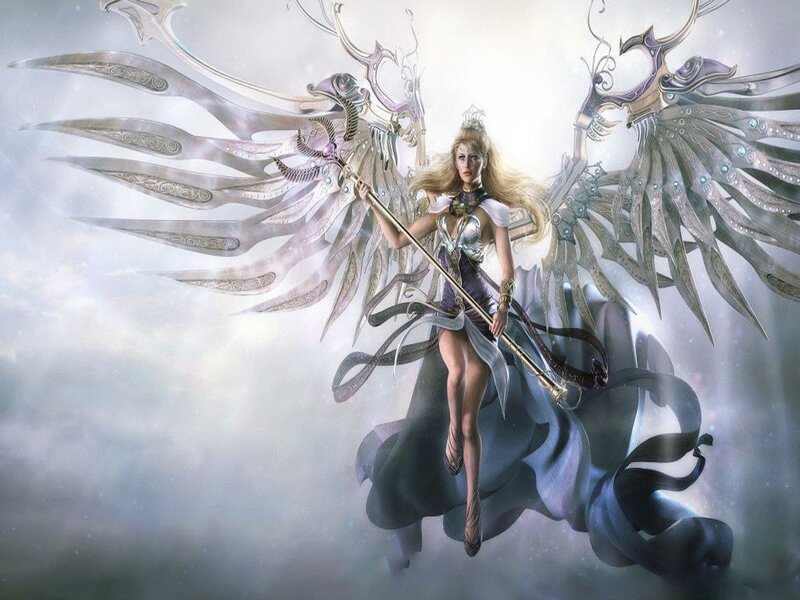 Angelic Warrior with Wings — White, Dramatic, Digital Art, Staff, Dress