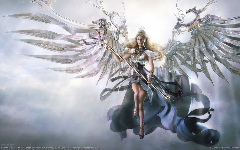 Angelic Warrior with Wings — White, Dramatic, Digital Art, Staff, Skirt
