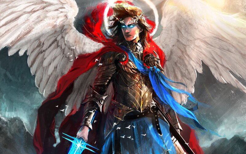 Angelic Warrior with Wings — White, Dramatic, Digital Art, Sword, Armor, Halo