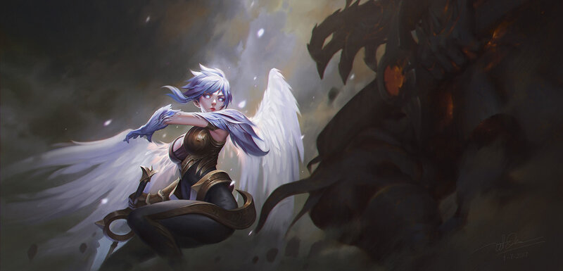 Angelic Warrior with Wings — White, Dramatic, Digital Art, Sword, Dark Creature