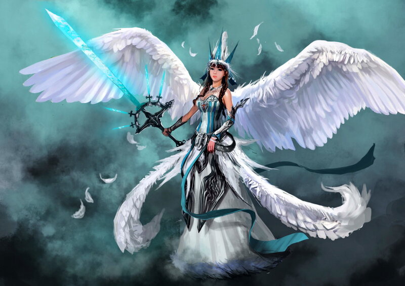 Angelic Warrior with Wings — White, Dramatic, Digital Art, Sword, Feathers, Armor