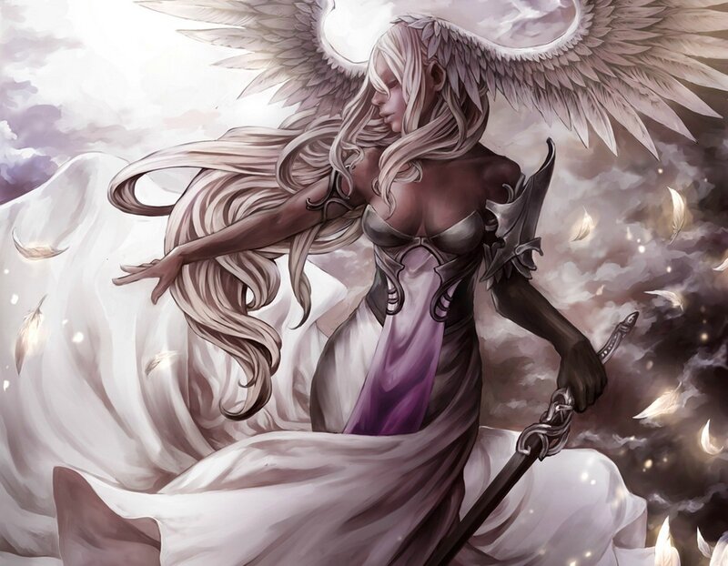 Angelic Warrior with Wings — White, Dramatic, Digital Art, Sword, Feathers, Purple