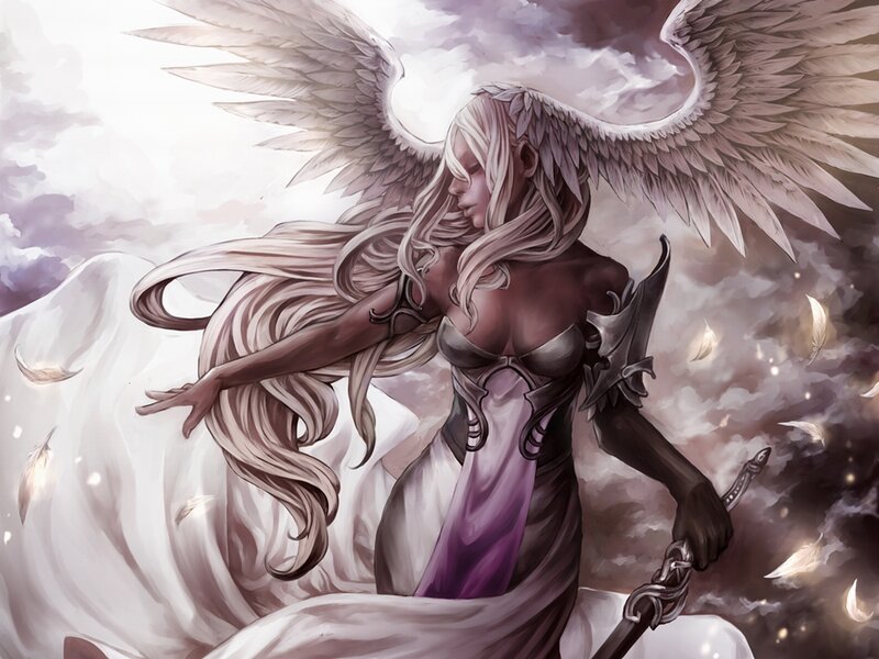 Angelic Warrior with Wings — White, Dramatic, Digital Art, Sword, Feathers