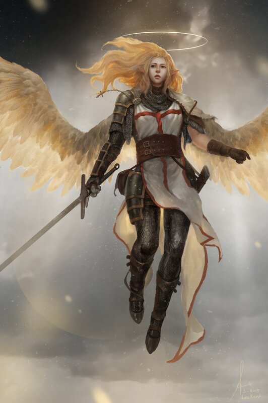Angelic Warrior with Wings — White, Dramatic, Digital Art, Sword, Halo, Armor
