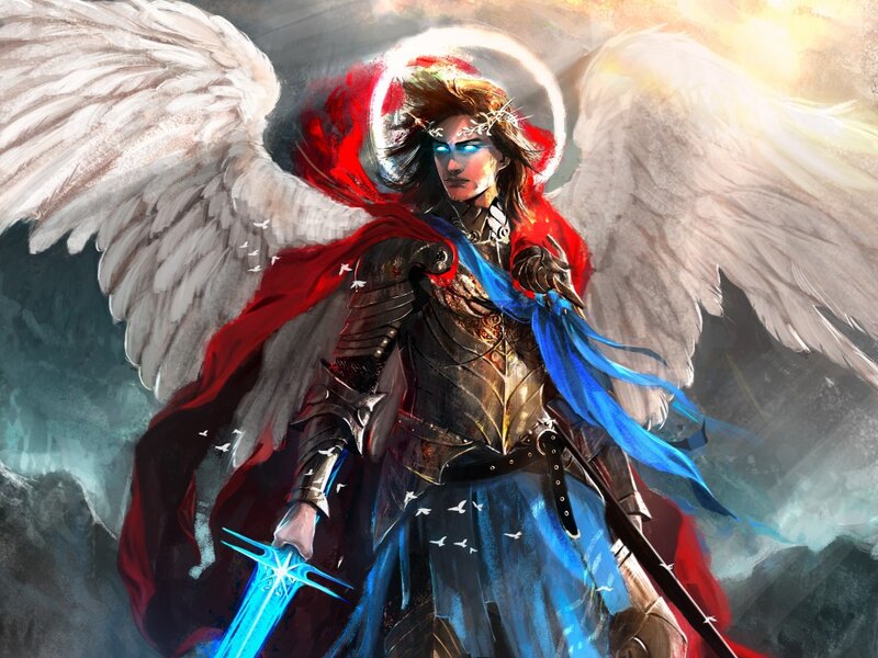 Angelic Warrior with Wings — White, Dramatic, Digital Art, Sword, Halo
