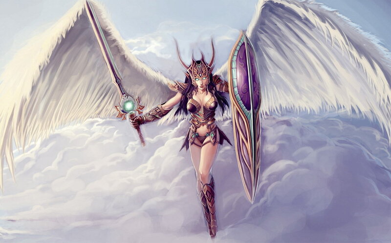 Angelic Warrior with Wings — White, Dramatic, Digital Art, Sword, Shield, Clouds
