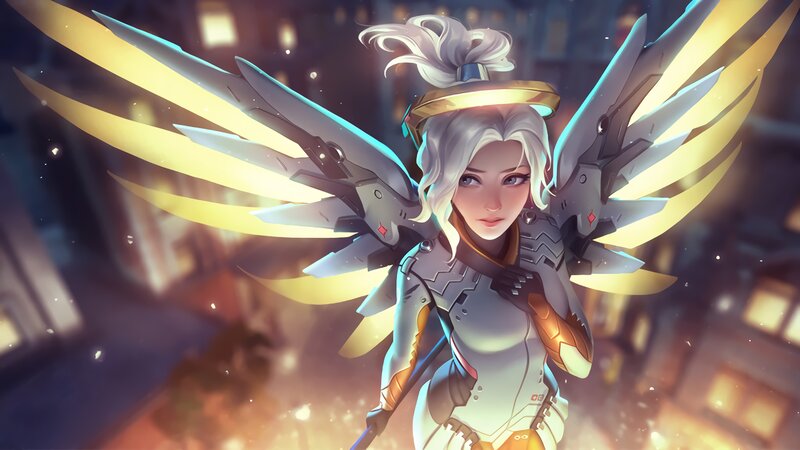 Angelic Warrior with Wings — White, Dramatic, Night, Digital Art, Cityscape