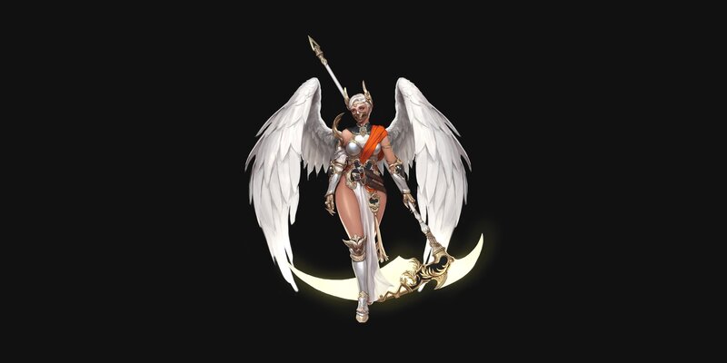 Angelic Warrior with Wings — White, Dramatic, Night, Digital Art, Spear, Moon