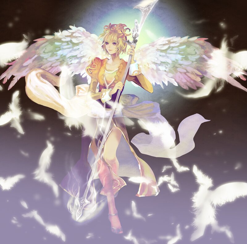Angelic Warrior with Wings — White, Dramatic, Night, Digital Art, Spear