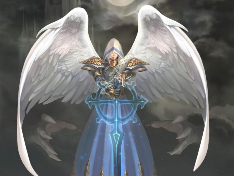 Angelic Warrior with Wings — White, Dramatic, Night, Digital Art, Sword, Armor, Blue, Gray
