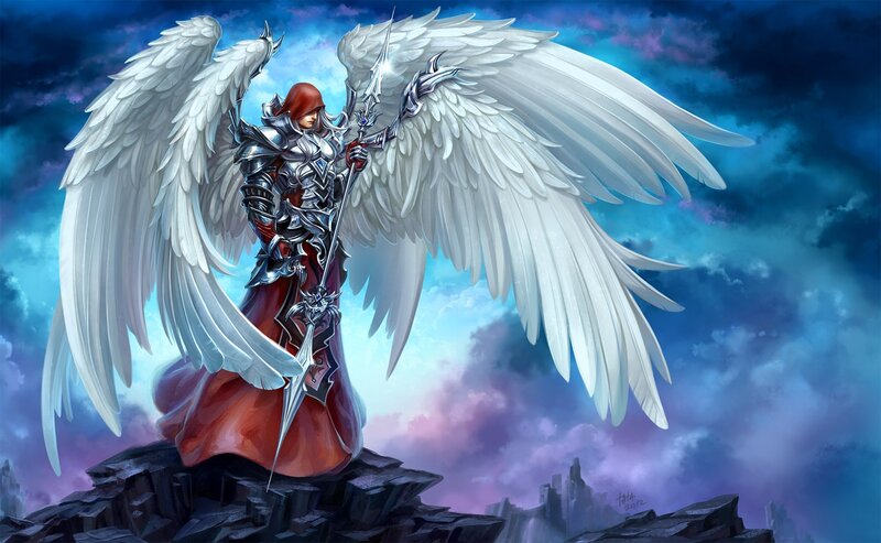 Angelic Warrior with Wings — White, Dramatic, Night, Digital Art, Sword, Armor