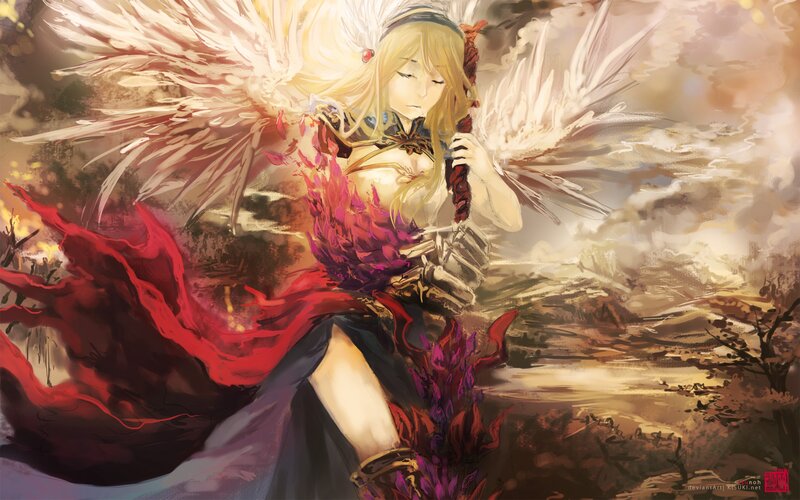Angelic Warrior with Wings — White, Dramatic, Sunset, Digital Art, Red Cape