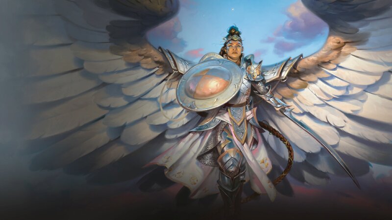 Angelic Warrior with Wings — White, Dramatic, Sunset, Digital Art, Shield