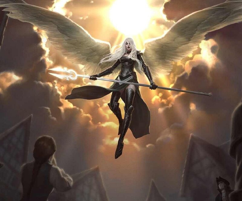 Angelic Warrior with Wings — White, Dramatic, Sunset, Digital Art, Spear, Clouds