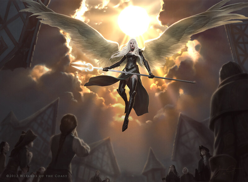 Angelic Warrior with Wings — White, Dramatic, Sunset, Digital Art, Spear, Crowd