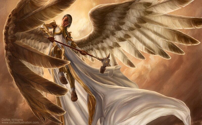 Angelic Warrior with Wings — White, Dramatic, Sunset, Digital Art, Staff