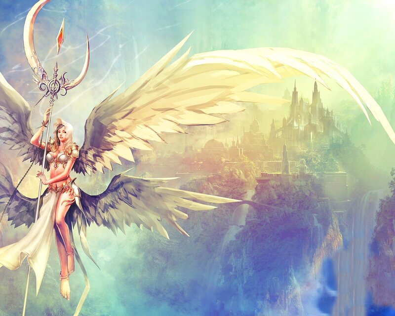 Angelic Warrior with Wings — White, Serene, Digital Art, Staff