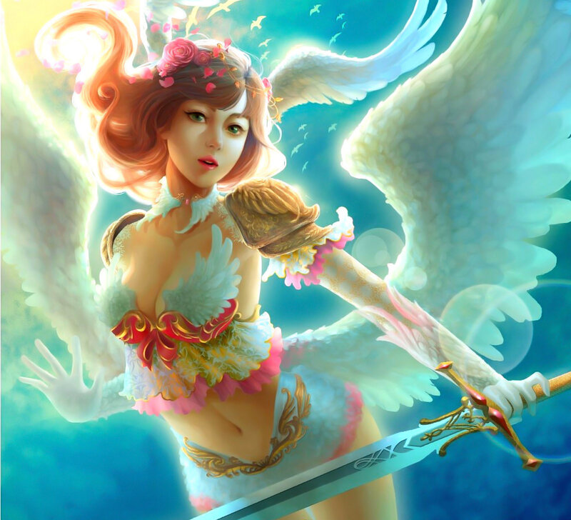 Angelic Warrior Woman — Blue, Dramatic, Digital Art, Wings