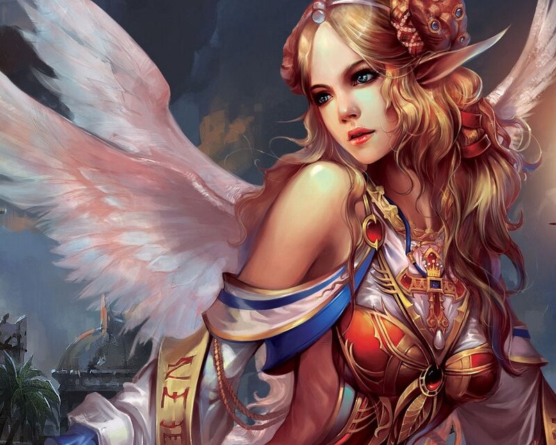 Angelic Warrior Woman — White, Dramatic, Digital Art, Wings, Armor