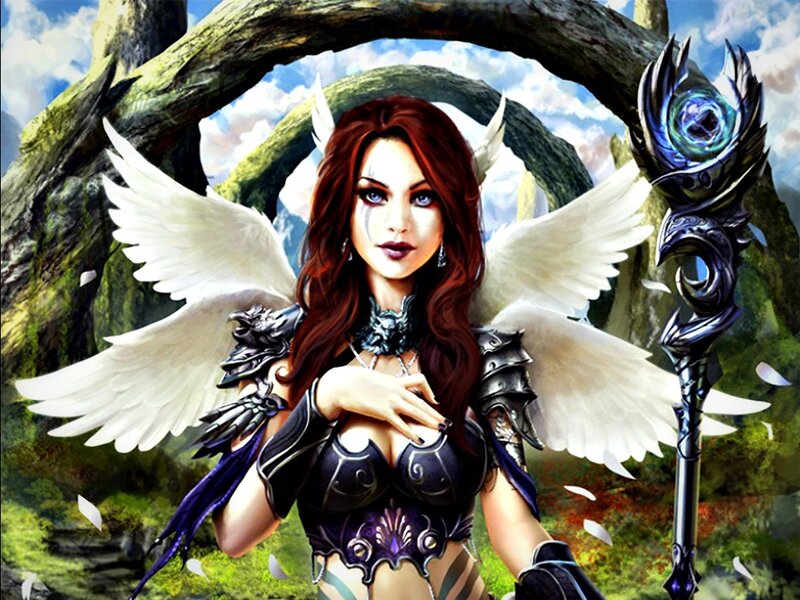 Angelic Warrior Woman — White, Dramatic, Digital Art, Wings, Staff