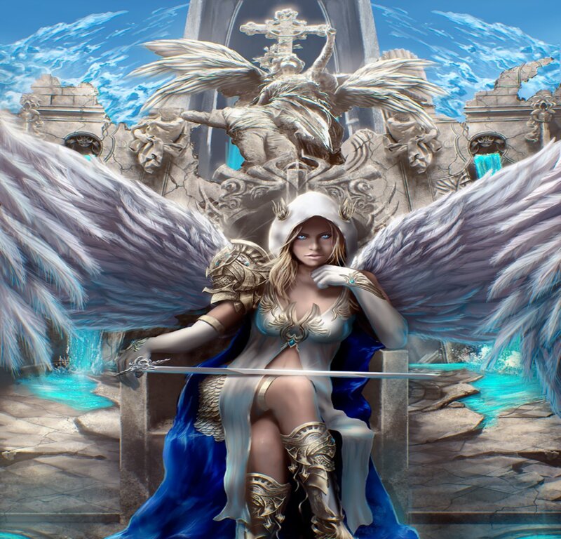 Angelic Warrior Woman — White, Dramatic, Digital Art, Wings, Sword