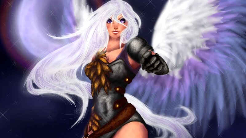 Angelic Warrior Woman — White, Dramatic, Night, Digital Art, Wings, Long Hair