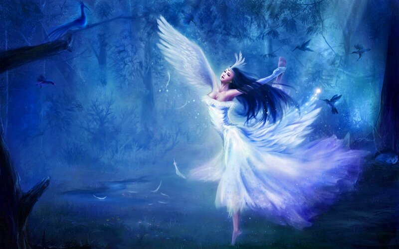 Angelic Woman in Forest — Blue, Serene, Night, Digital Art, Wings