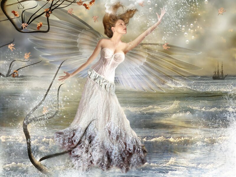 Angelic Woman in Ocean — White, Dramatic
