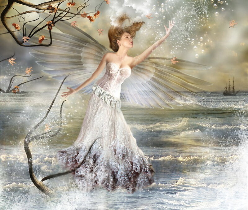 Angelic Woman in Ocean — White