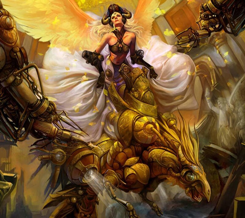 Angelic Woman on Mechanical Creature — Gold, Dramatic