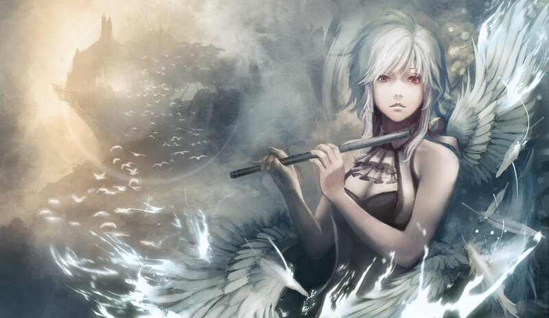 Angelic Woman with Flute — White, Dramatic, Digital Art, Wings, Birds
