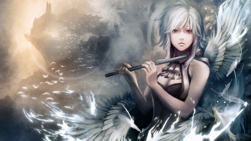 Angelic Woman with Flute — White, Dramatic, Night