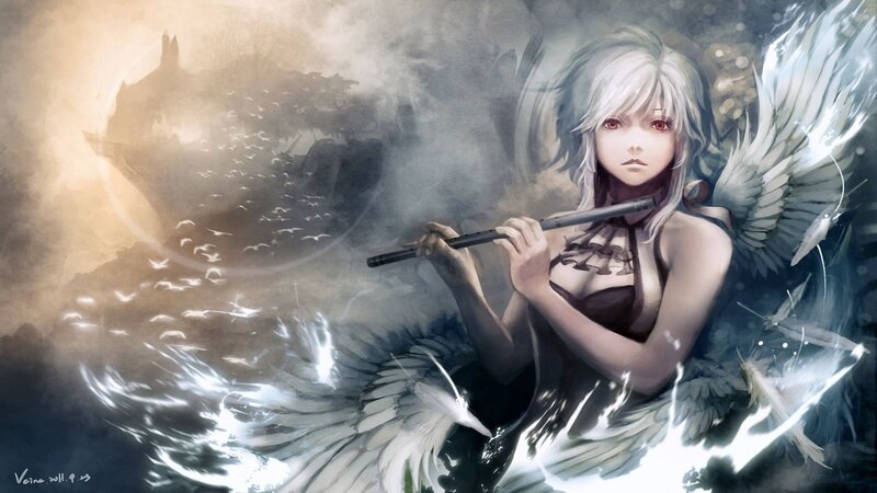 Angelic Woman with Flute — White, Dramatic