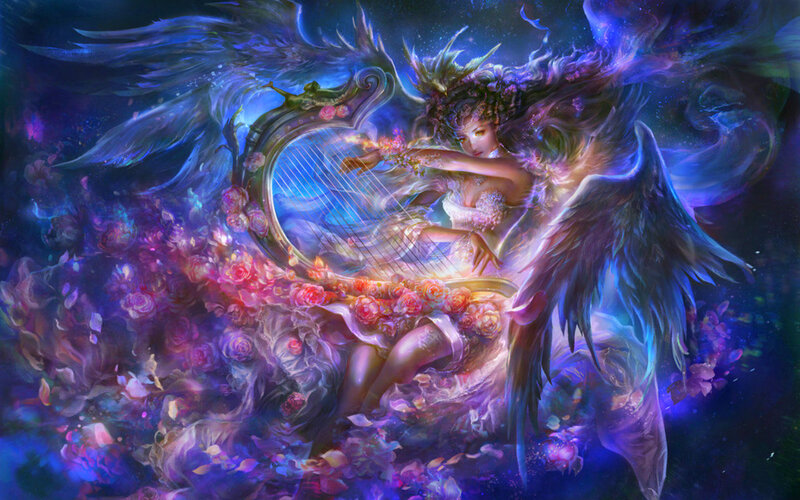 Angelic Woman with Harp — Blue