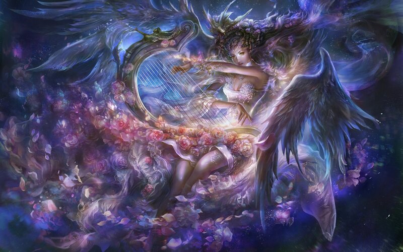 Angelic Woman with Harp — Purple, Ethereal, Night