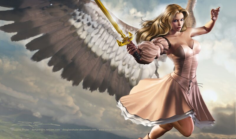 Angelic Woman with Sword — White, Dramatic, Afternoon