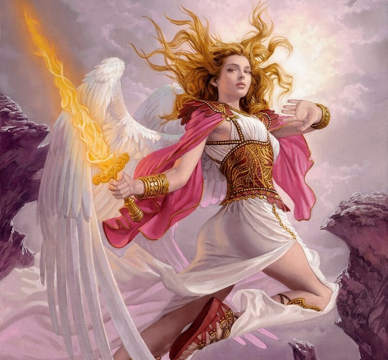 Angelic Woman with Sword — White, Dramatic, Digital Art