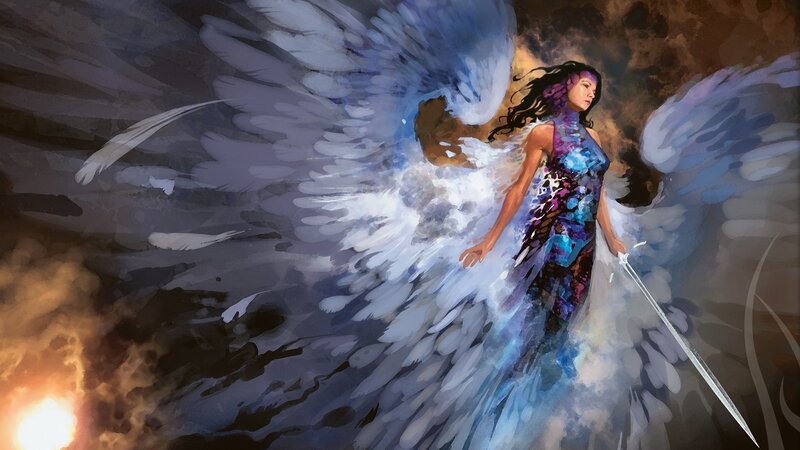 Angelic Woman with Sword — White, Dramatic, Digital Art, Wings, Fire